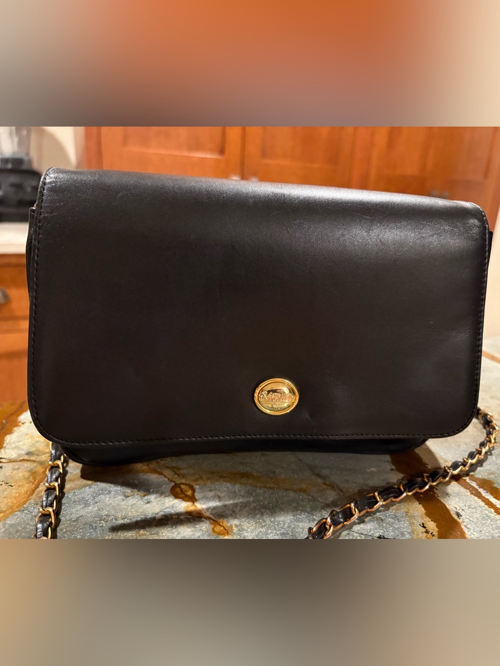 Monet Black Flap Leather Messenger Bag with Gold Accent